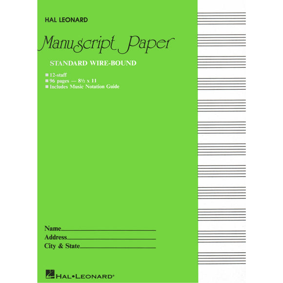 Manuscript Paper - Standard Wire-Bound (w/ Music Notation Guide) (Green Cover) for sale in Waukegan, IL - Family Piano Co